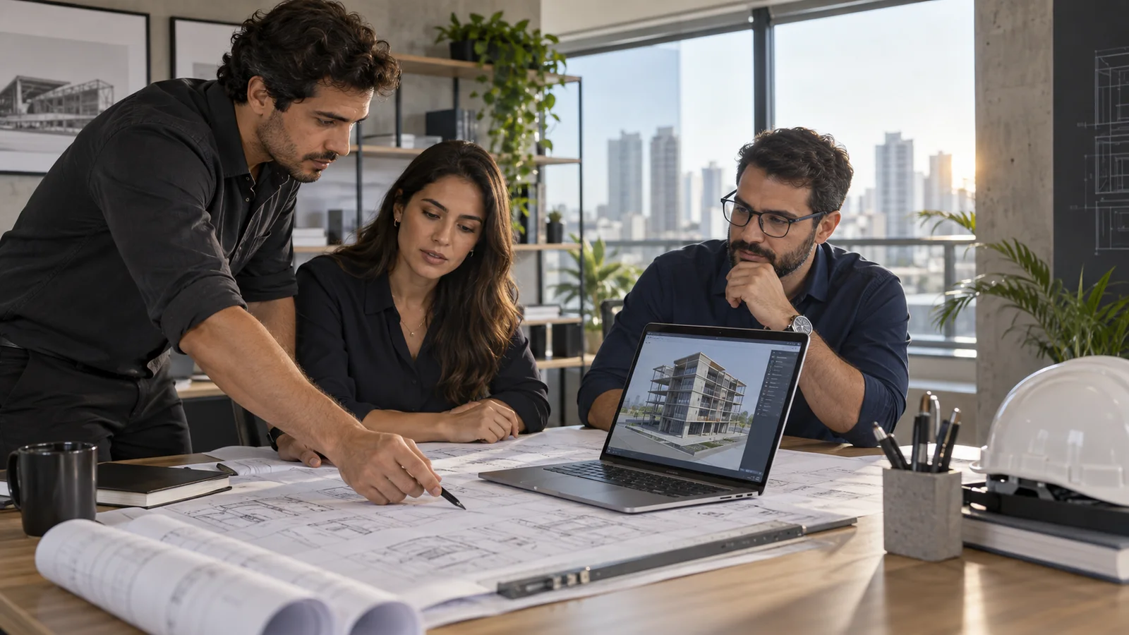 Equipe de engenharia analisando projetos em escritório